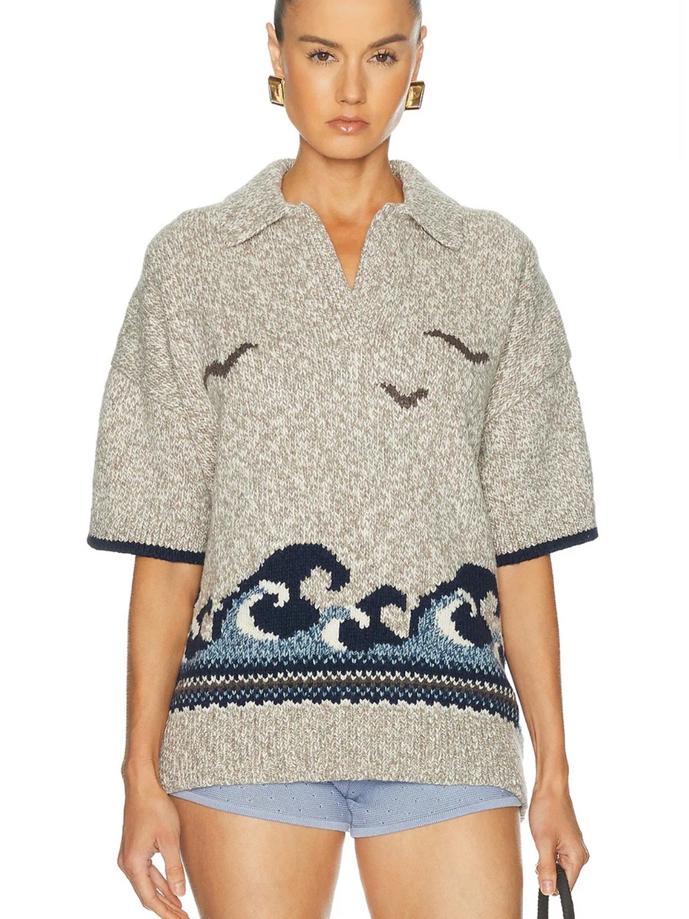Polo by Ralph Lauren Gray Knit Polo Sweater with Navy Wave Motif
